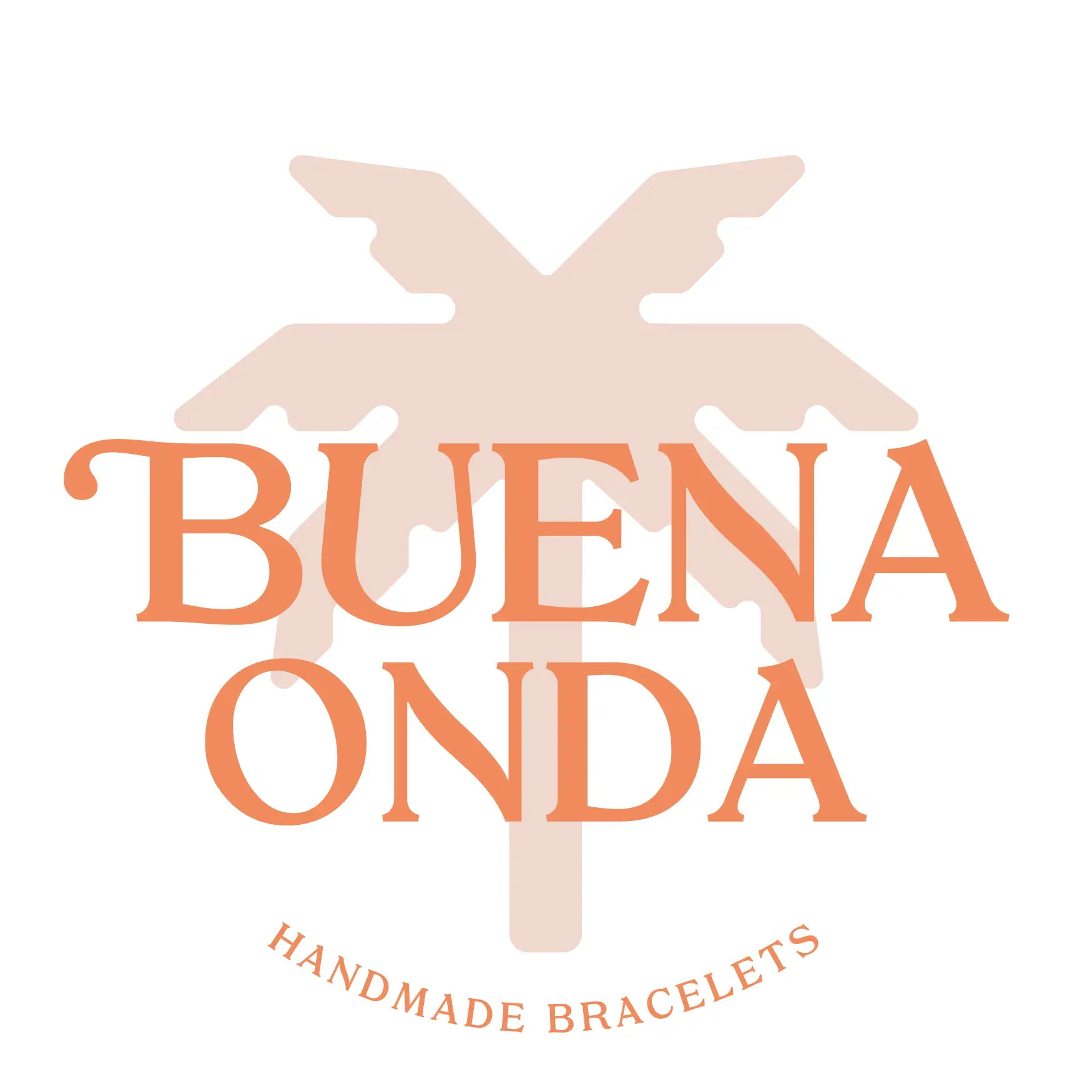 Rond logo met een palmboom en de tekst 'Buena Onda Handmade Bracelets', symbool voor een goede vibe.